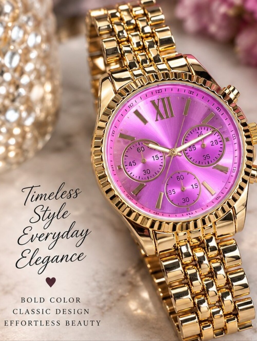 NIB Accutime Gold Tone Pink Sunburst Dial Statement Watch Box Papers
